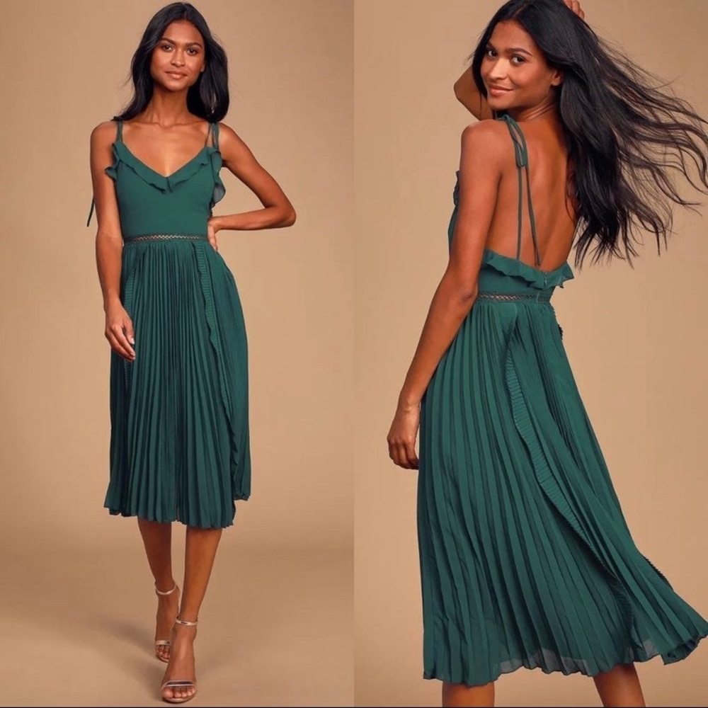 NEW Lulus Never a Dull Moment Emerald Green Tie-Strap Pleated Midi Dress Size S
